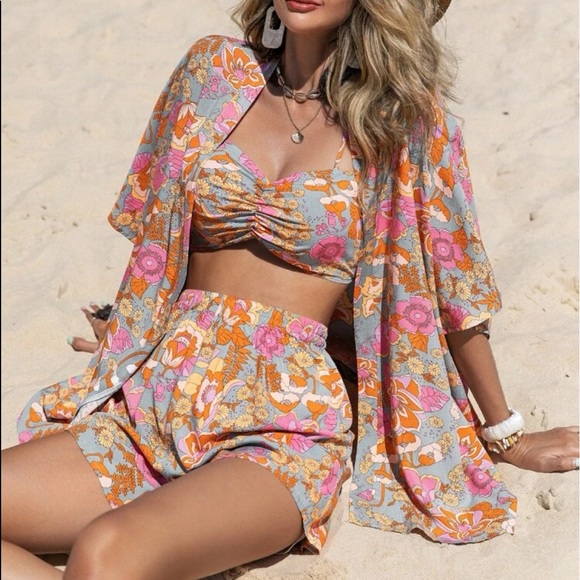 Pants - Boho Bohemian Tropical Paisley Floral Print Cami bra Top Kimono Shorts Set